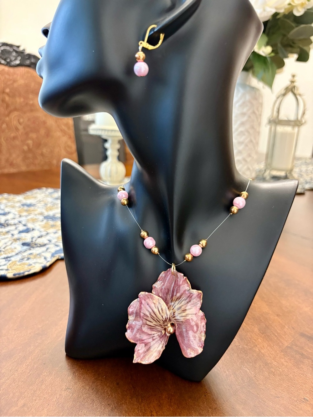 Handcrafted Pink Floral Pendant Necklace and Earring Set